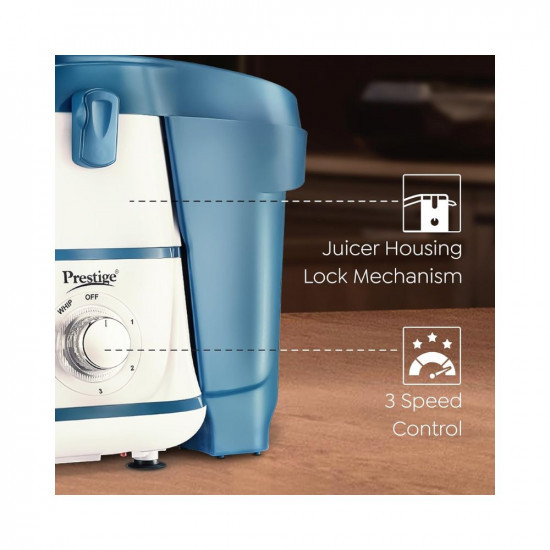 Prestige Breeze 500W Juicer Mixer Grinder With 2 Stainless Steel JarsDetachable Pulp CollectorDouble Lock SystemEfficient Stainless Steel SieveJuice OutletBlue  White