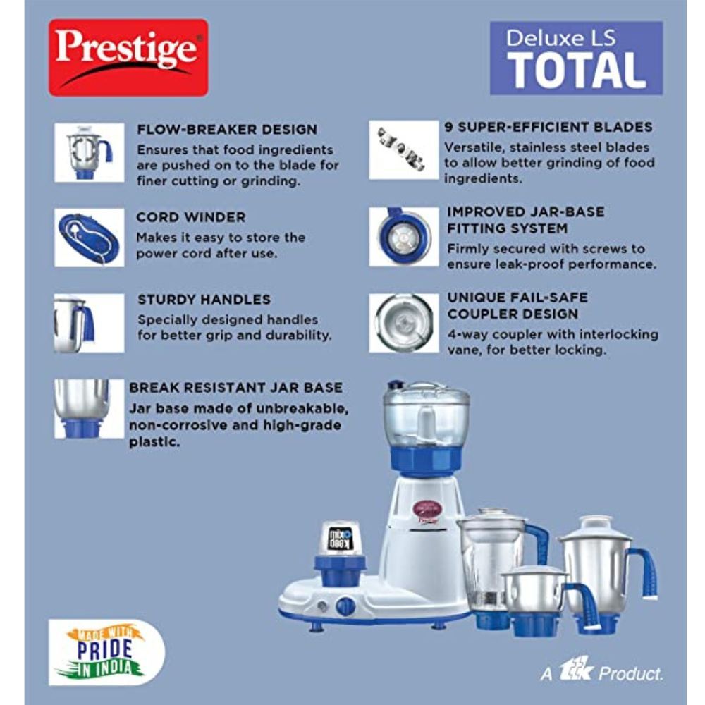 Prestige Delux Total Ls 41336 750 W Mixer Grinder 5 Jars White Blue