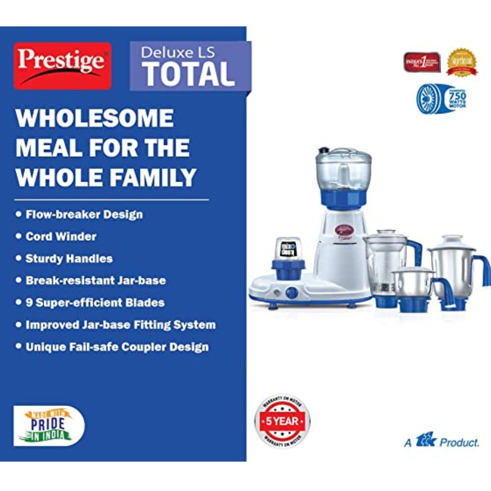 Prestige Delux Total Ls 41336 750 W Mixer Grinder 5 Jars White Blue