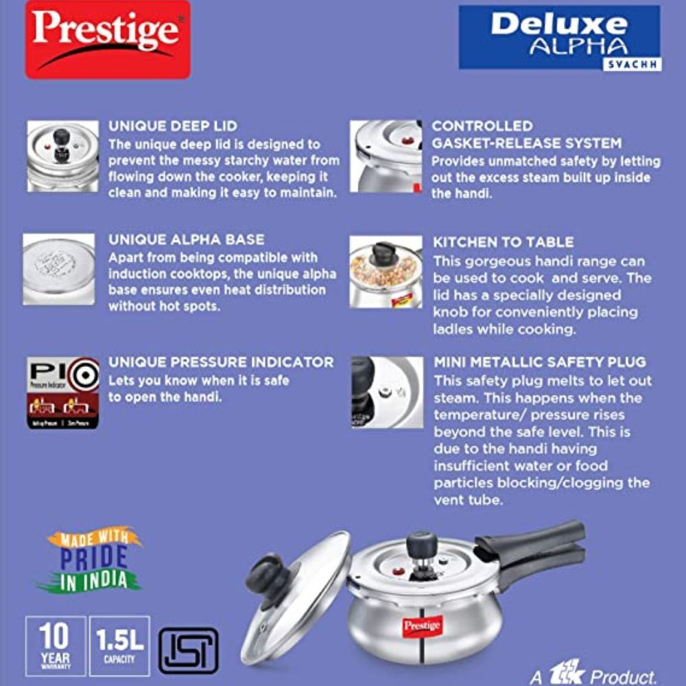 Prestige Deluxe Alpha Svachh Stainless Steel Outer Lid Pressure Cooker 15L with Glass Lid With Deep Lid For Spillage Control