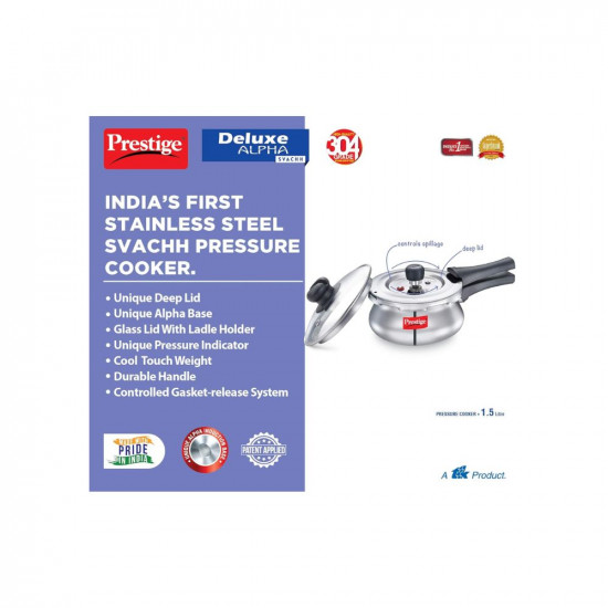 Prestige Deluxe Alpha Svachh Stainless Steel Outer Lid Pressure Cooker 15L with Glass Lid With Deep Lid For Spillage Control