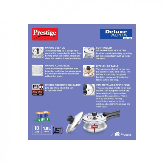 Prestige Deluxe Alpha Svachh Stainless Steel Outer Lid Pressure Cooker 15L with Glass Lid With Deep Lid For Spillage Control