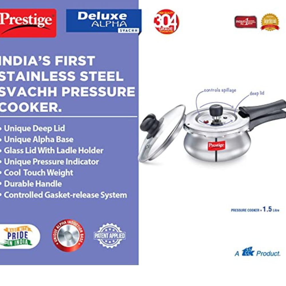 Prestige Deluxe Alpha Svachh Stainless Steel Outer Lid Pressure Cooker 15L with Glass Lid With Deep Lid For Spillage Control