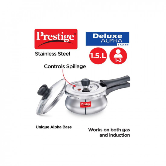 Prestige Deluxe Alpha Svachh Stainless Steel Outer Lid Pressure Cooker 15L with Glass Lid With Deep Lid For Spillage Control