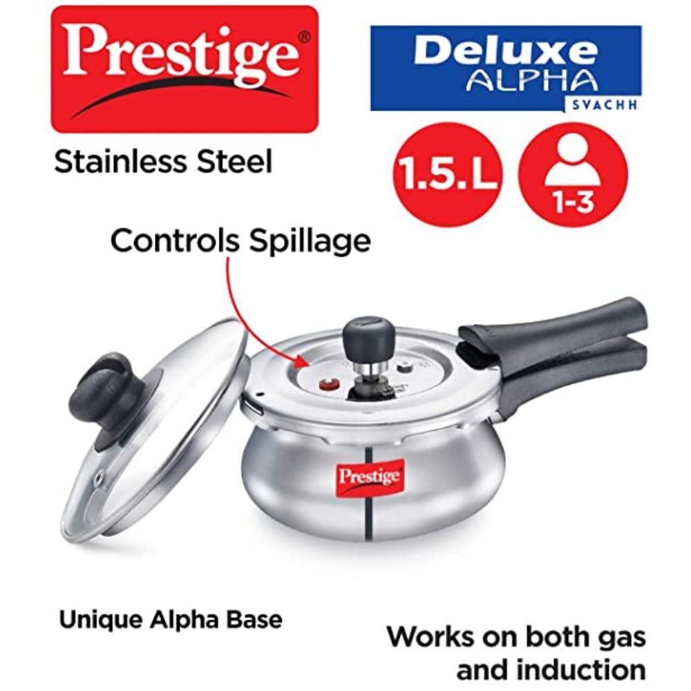 Prestige Deluxe Alpha Svachh Stainless Steel Outer Lid Pressure Cooker 15L with Glass Lid With Deep Lid For Spillage Control