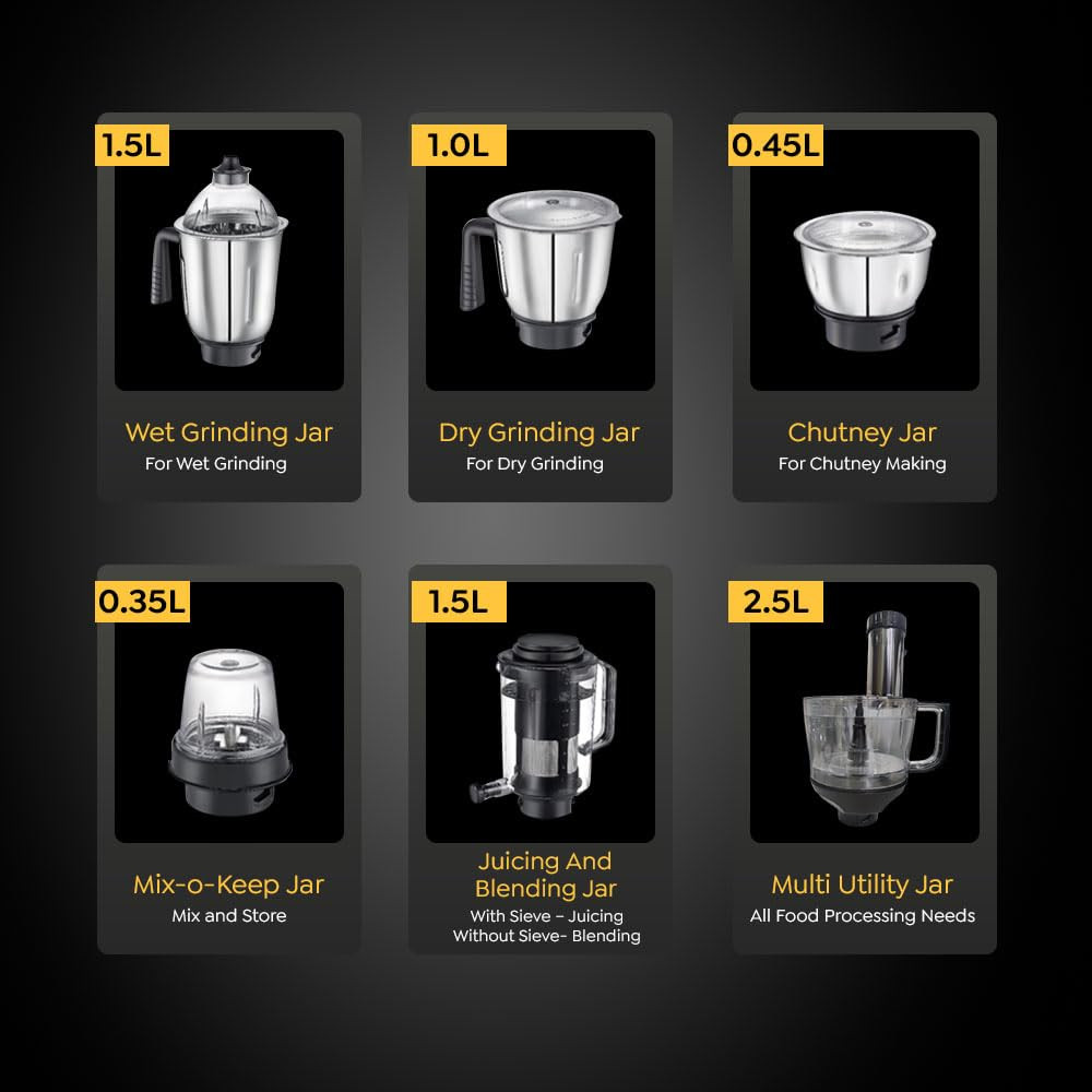 Prestige Endura Pro 1000W Multi Functional Mixer Grinder with Ball Bearing Technology6 Jars with food processing attachments 14 different functionalitiesBlack  Silver