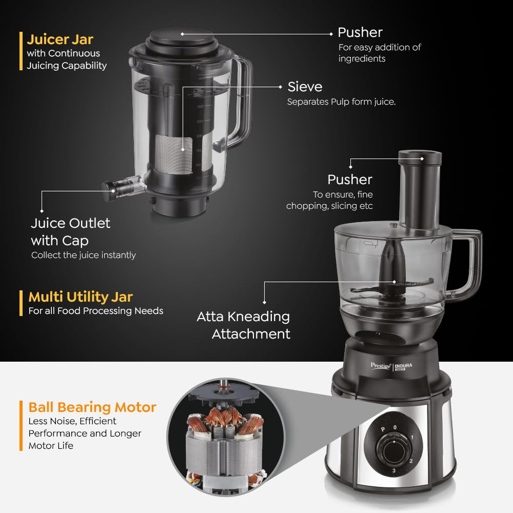 Prestige Endura Pro 1000W Multi Functional Mixer Grinder with Ball Bearing Technology6 Jars with food processing attachments 14 different functionalitiesBlack  Silver