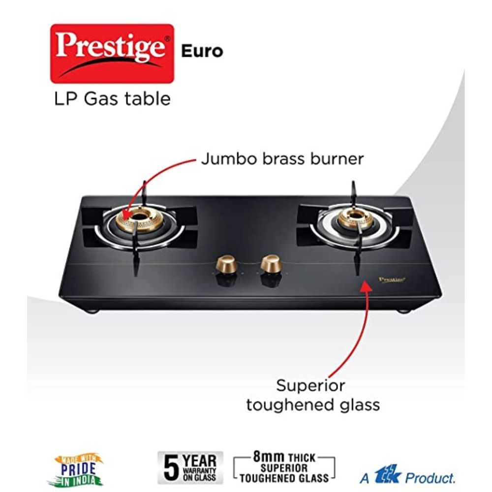 Prestige Euro Glass Top Gas Stove With Toughened Glass Top, Powder Coated Body, 2 Burners