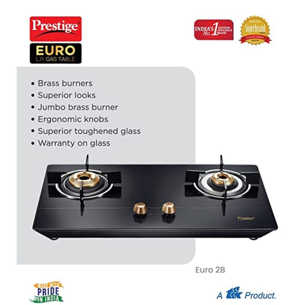 Prestige Euro Glass Top Gas Stove With Toughened Glass Top, Powder Coated Body, 2 Burners