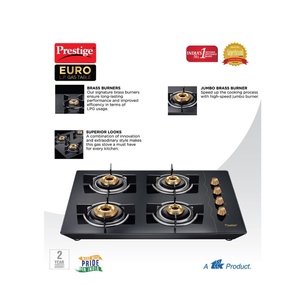 Prestige Euro Glass Top Gas Stove With Toughened Glass Top, Powder Coated Body, 4 Burners