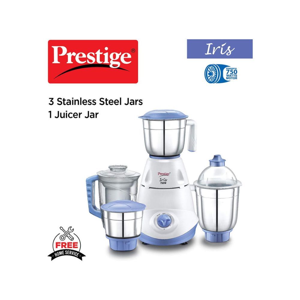 Prestige Iris 750 Watt Mixer Grinder with 3 Stainless Steel Jar + 1 Juicer Jar (White and Blue)
