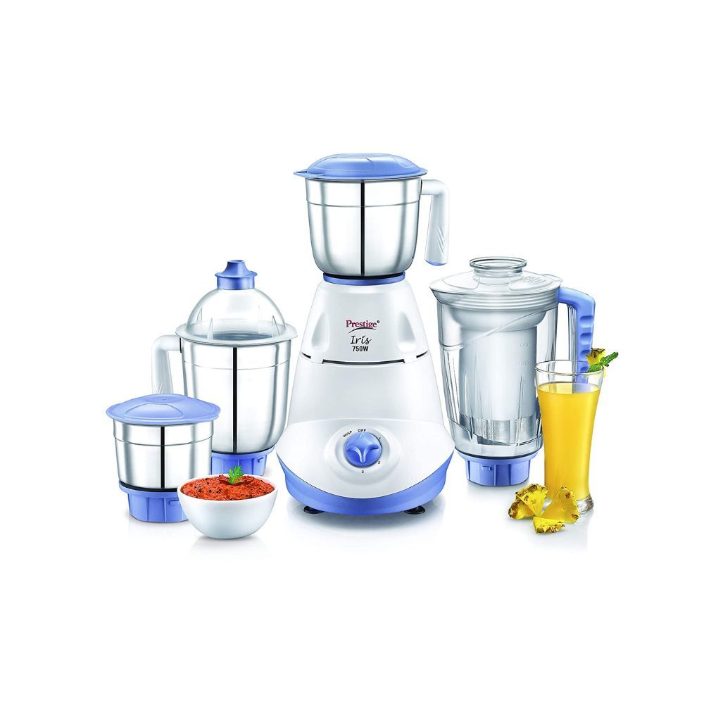 Prestige Iris 750 Watt Mixer Grinder with 3 Stainless Steel Jar  1 Juicer Jar White and Blue