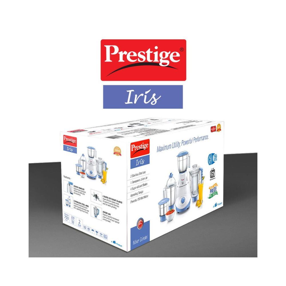 Prestige Iris 750 Watt Mixer Grinder with 3 Stainless Steel Jar  1 Juicer Jar White and Blue