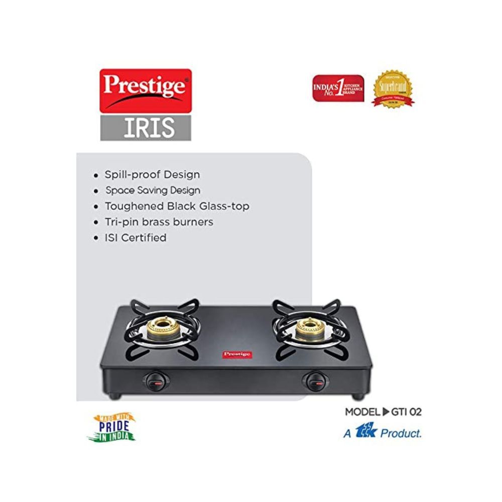 Prestige IRIS LPG Gas Stove, 2 Burner, Black, Powder coater Mild Steel with Glass Top, Manual