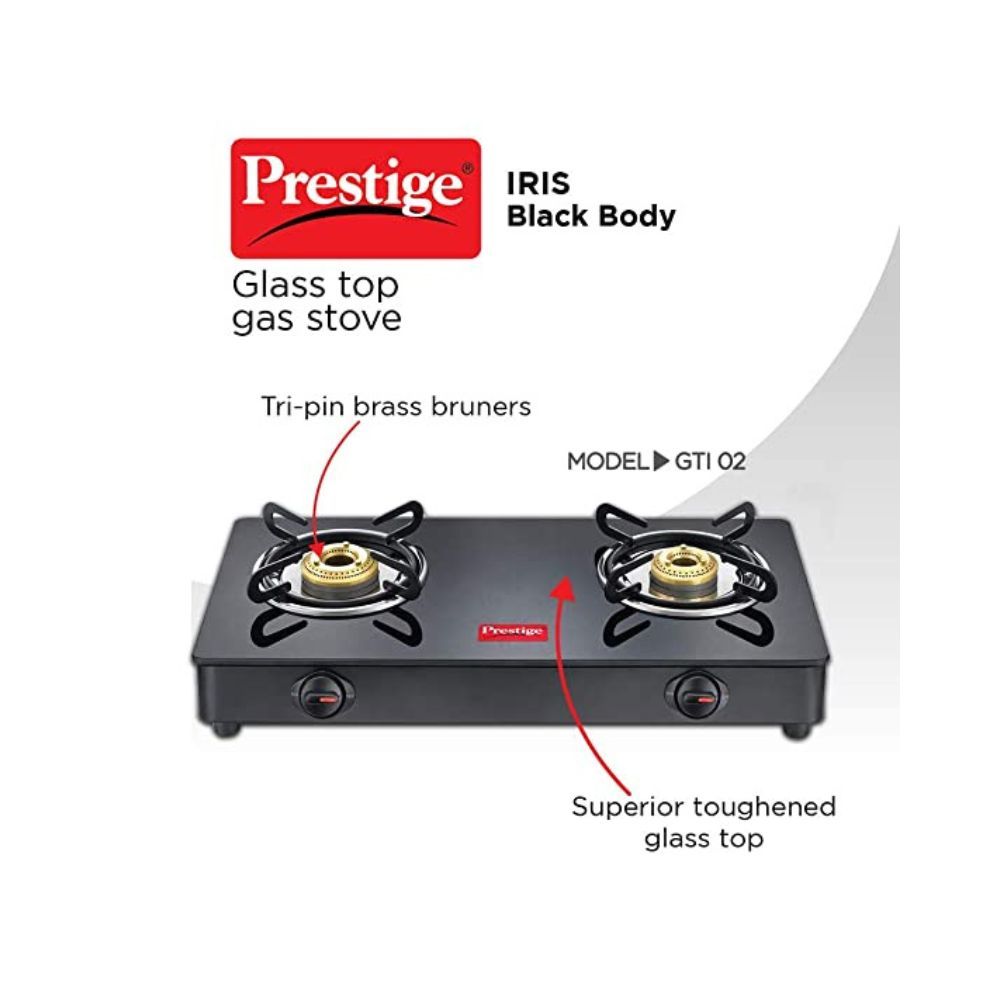 Prestige IRIS LPG Gas Stove, 2 Burner, Black, Powder coater Mild Steel with Glass Top, Manual