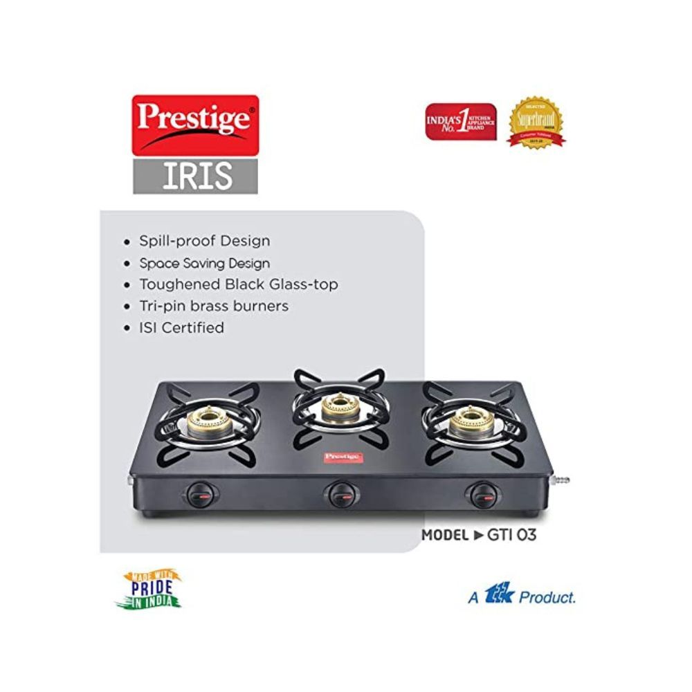 Prestige IRIS LPG Gas Stove, 3 Burner, Black, Glass, Manual