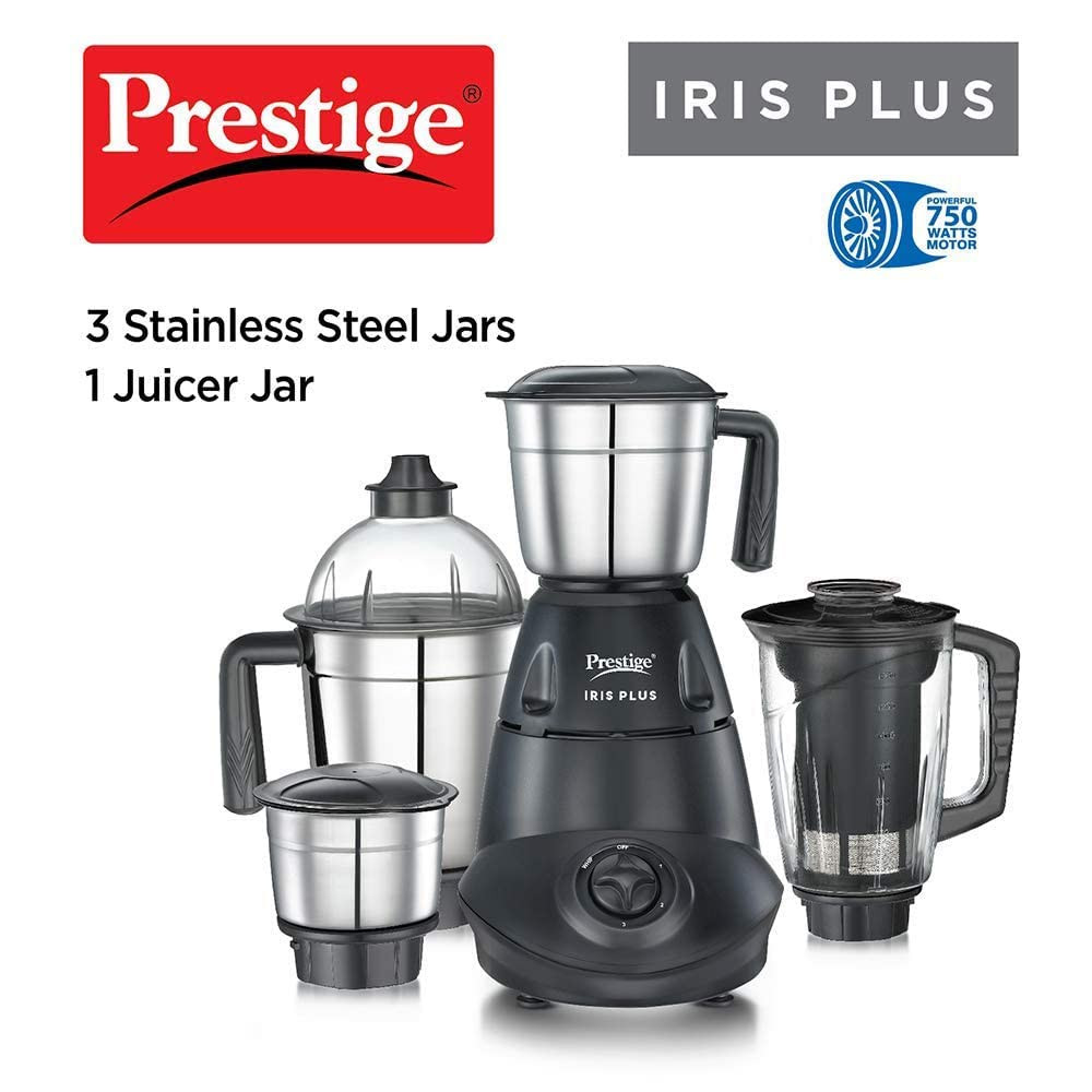 Prestige Iris Plus 750 W Mixer Grinder With 4 Jars (3 Stainless Steel Jars+ 1 Juicer Jar) 4 Super Efficient Stainless Blades 2 Years Warranty Black, 750 watts