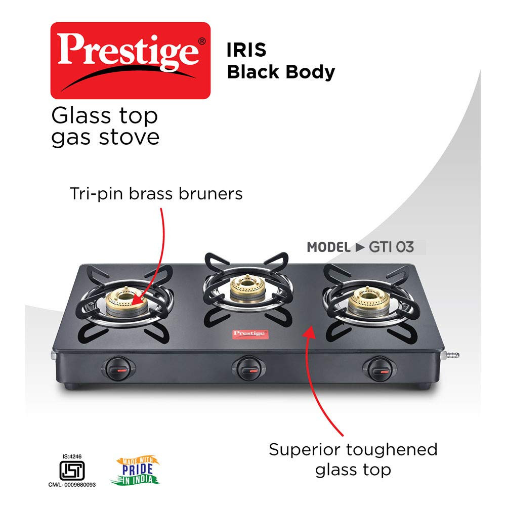 Prestige IRIS Toughened Glass-Top 2 Brass Burner LPG Gas Stove