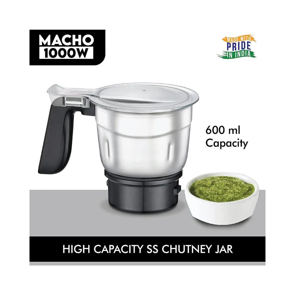 Prestige Macho Mixer Grinder 1000 watts with 3 Stainless Steel Jar and 1 juicer Jar Black Colour, Medium