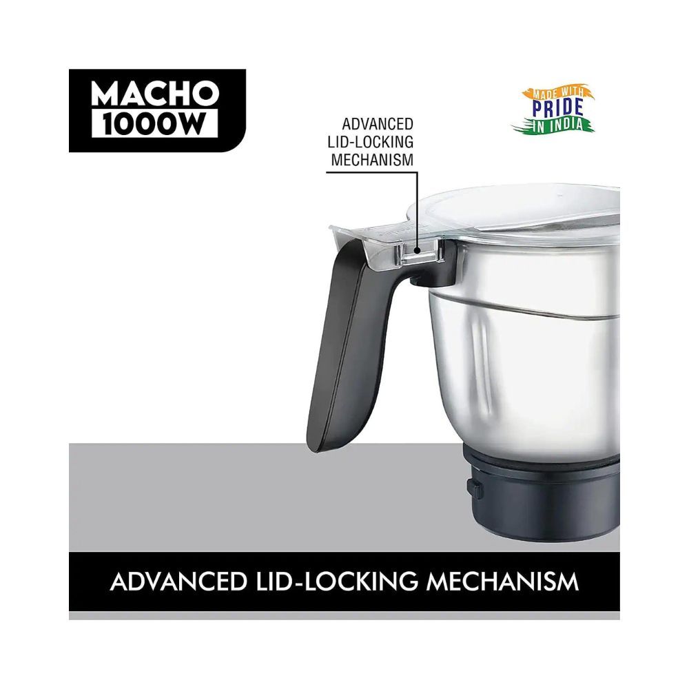 Prestige Macho Mixer Grinder 1000 watts with 3 Stainless Steel Jar and 1 juicer Jar Black Colour Medium