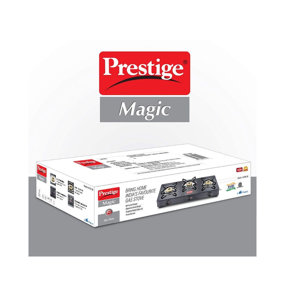 Prestige Magic Glass Top Gas Stove GTMC 03, Black, Tri Pin Burners, Manual