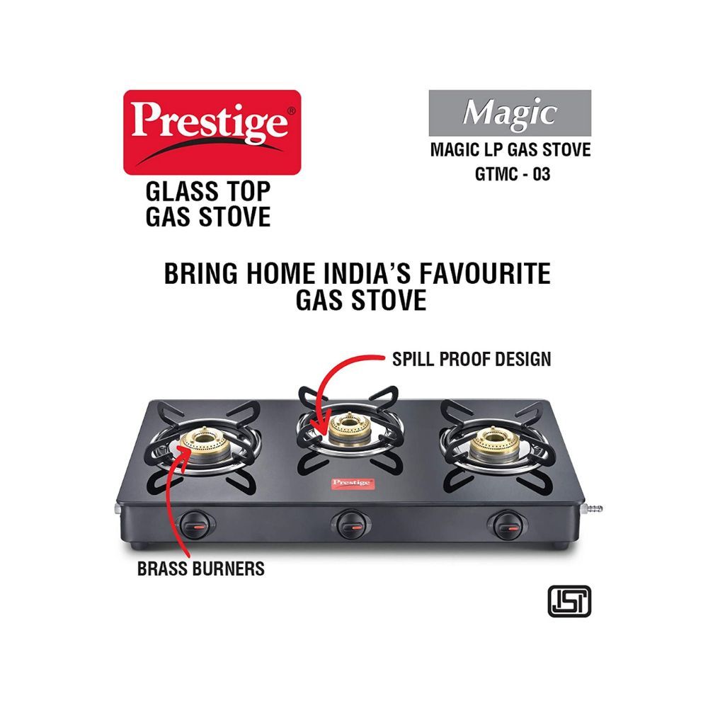 Prestige Magic Glass Top Gas Stove GTMC 03, Black, Tri Pin Burners, Manual