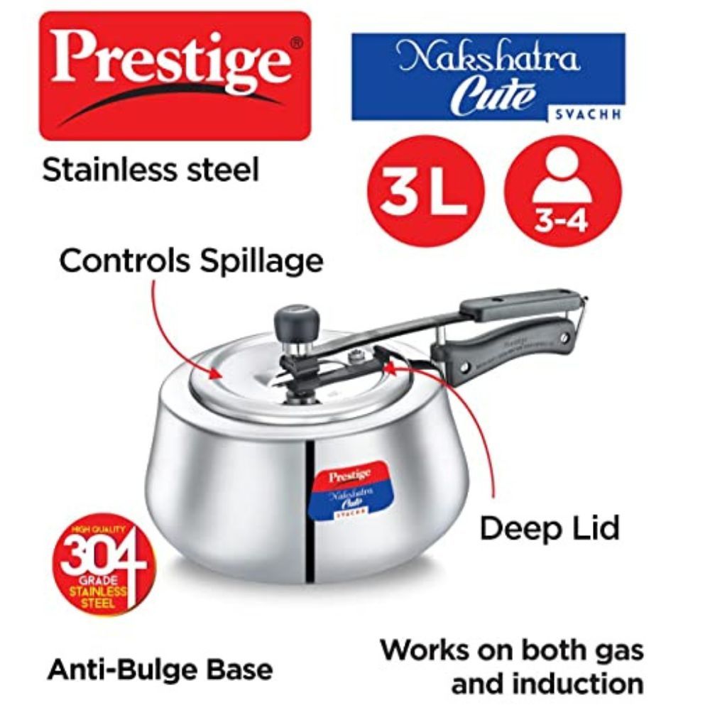 Prestige Nakshatra Cute Svachh Stainless Steel Inner Lid Pressure Cooker with Unique Deep Lid for Spillage Control 3 Litre Silver