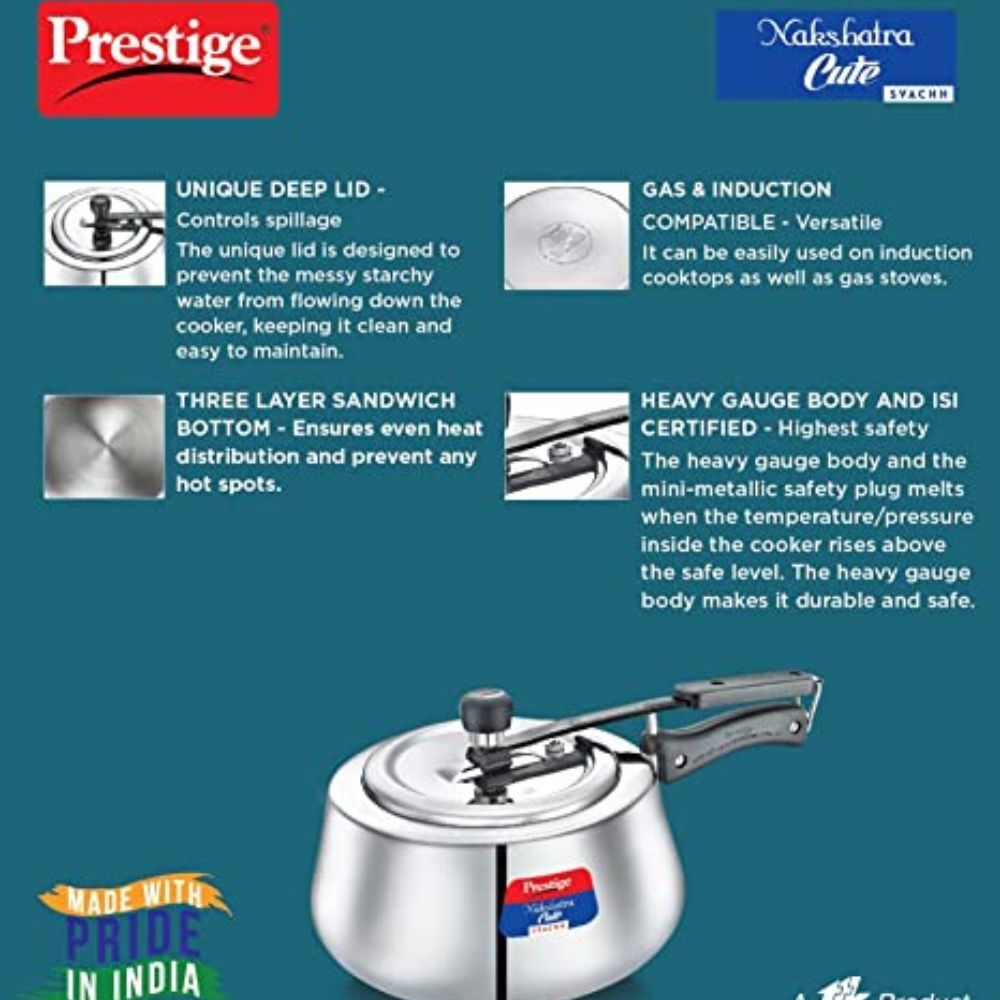 Prestige Nakshatra Cute Svachh Stainless Steel Inner Lid Pressure Cooker with Unique Deep Lid for Spillage Control 3 Litre Silver