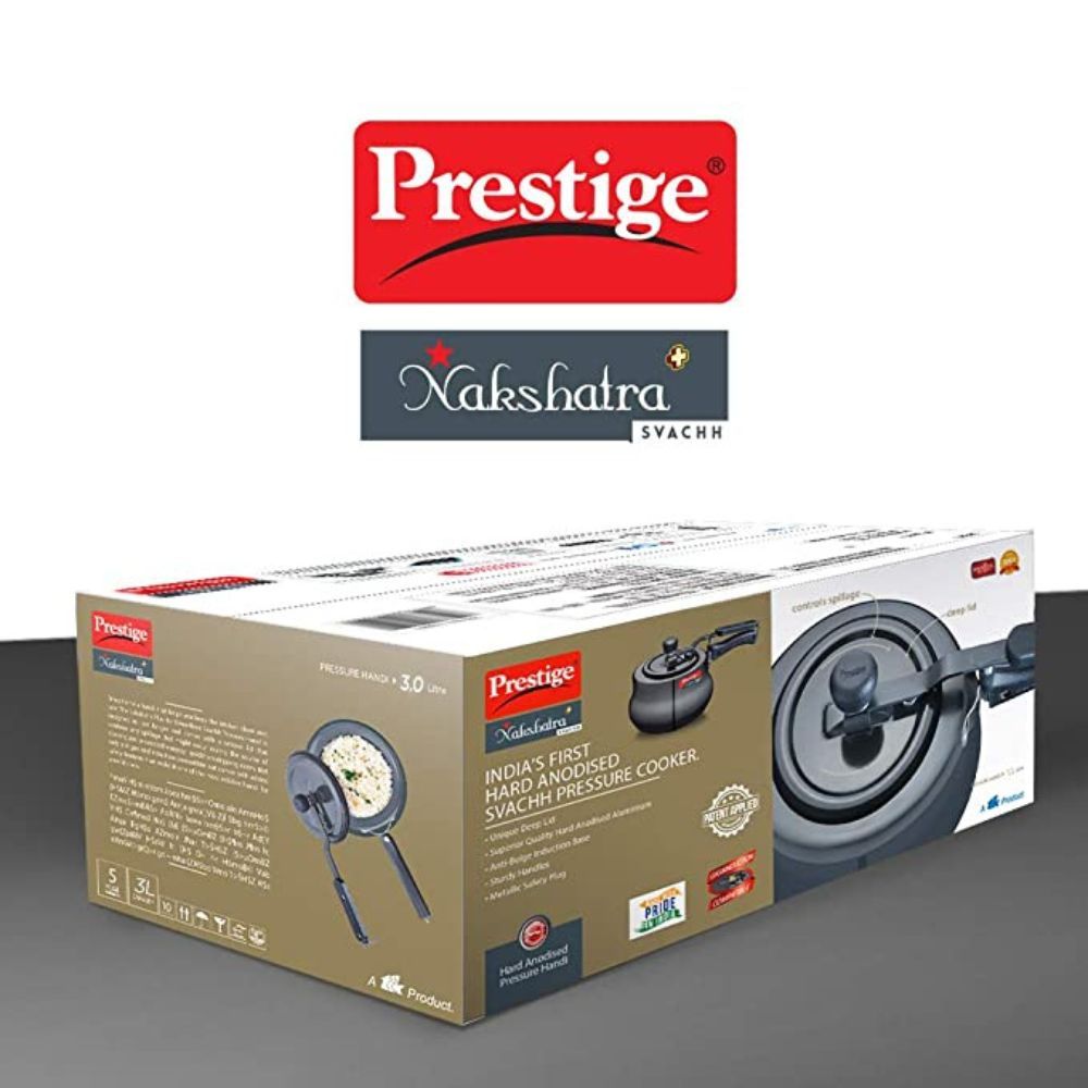 Prestige Nakshatra Plus Svachh Hard Anodised Spillage Control Handi Pressure Cooker 3 L Black