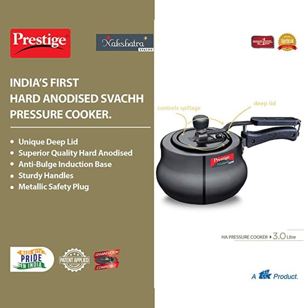 Prestige Nakshatra Plus Svachh Hard Anodised Spillage Control Handi Pressure Cooker, 3 L (Black)