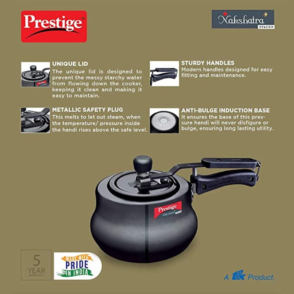 Prestige Nakshatra Plus Svachh Hard Anodised Spillage Control Handi Pressure Cooker 3 L Black