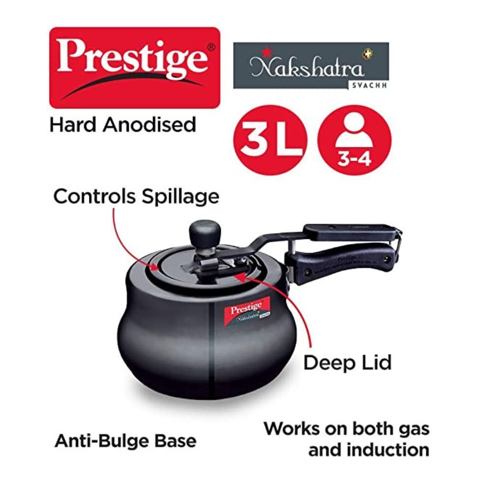 Prestige Nakshatra Plus Svachh Hard Anodised Spillage Control Handi Pressure Cooker, 3 L (Black)