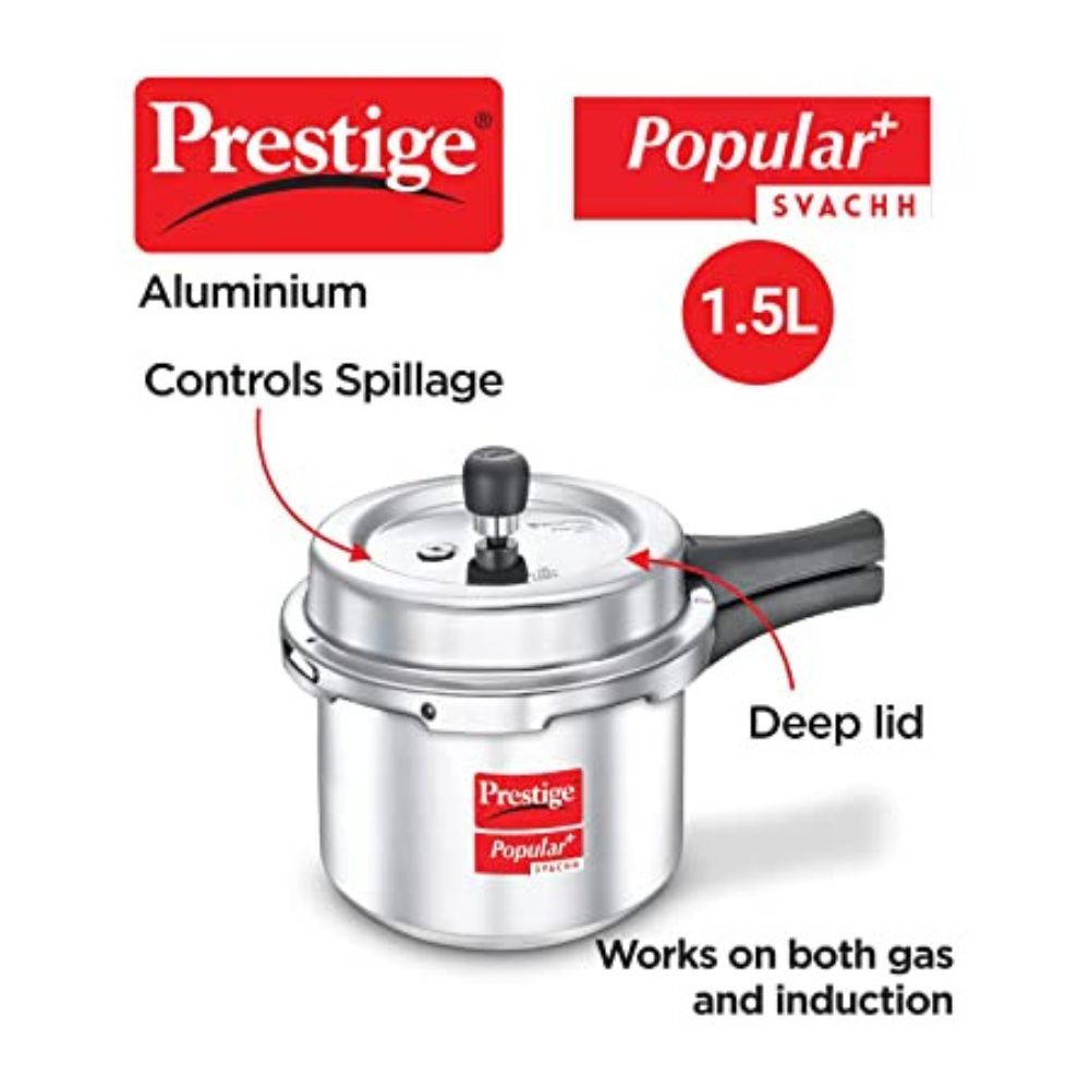 Prestige Popular Plus Svachh Virgin Aluminium Gas and Induction Compatible Pressure Cooker 15 L Silver