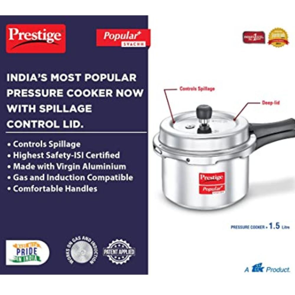 Prestige Popular Plus Svachh Virgin Aluminium Gas and Induction Compatible Pressure Cooker 15 L Silver