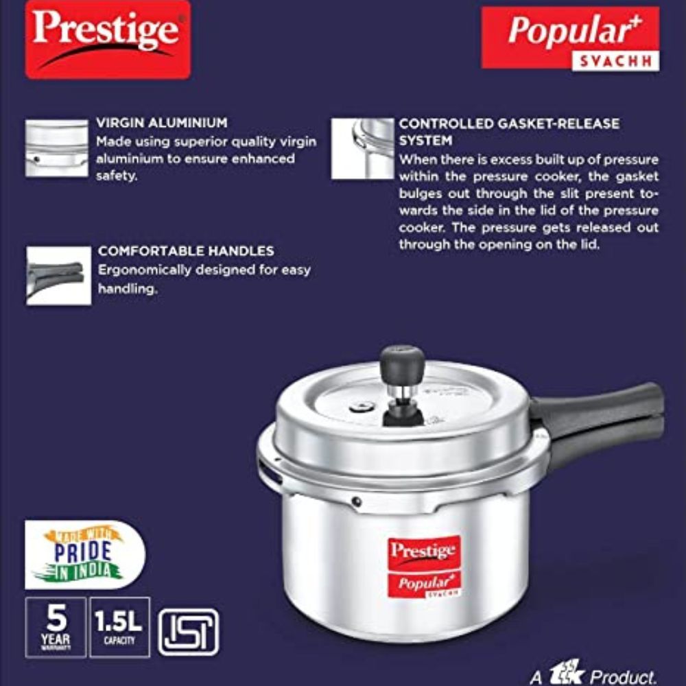 Prestige Popular Plus Svachh Virgin Aluminium Gas and Induction Compatible Pressure Cooker, 1.5 L (Silver)