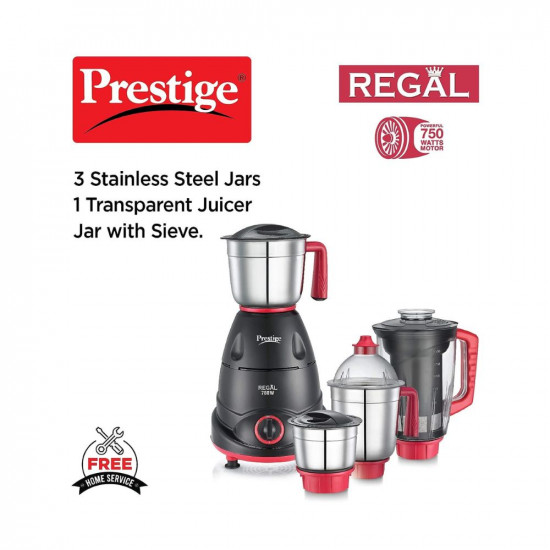 Prestige Regal Mixer Grinder 750W 3 Stainless Steel Jar  1 Juicer Jar Multi-Color Medium