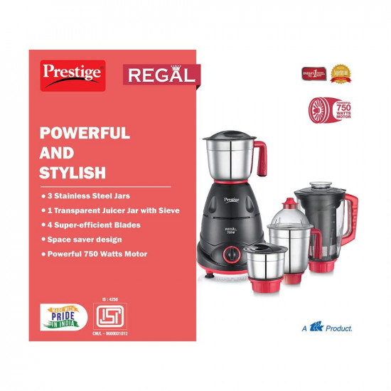 Prestige Regal Mixer Grinder 750W 3 Stainless Steel Jar  1 Juicer Jar Multi-Color Medium