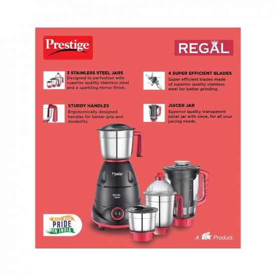 Prestige Regal Mixer Grinder 750W 3 Stainless Steel Jar  1 Juicer Jar Multi-Color Medium