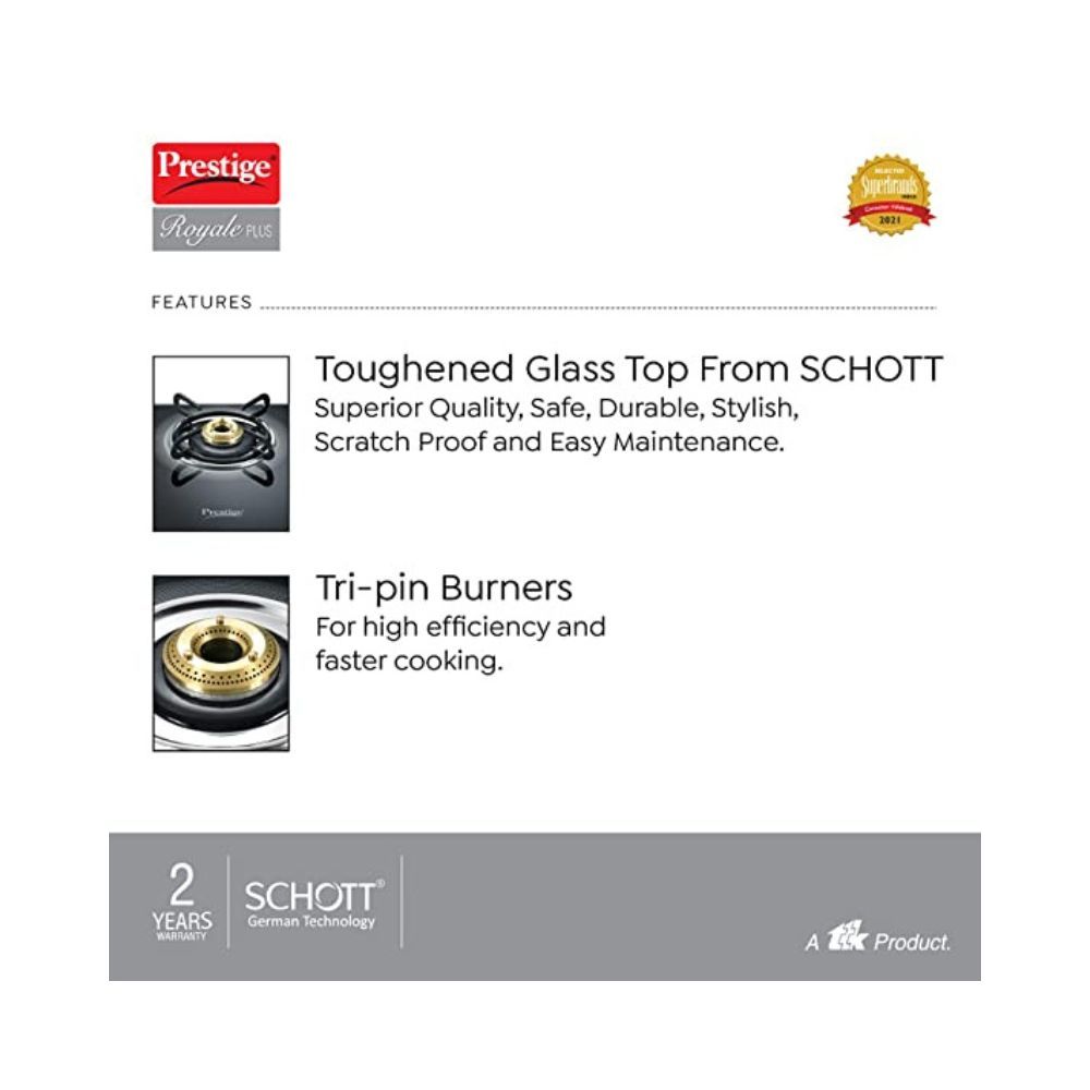Prestige Royale Plus Schott Glass 3 Burner Gas Stove, Manual Ignition, Black