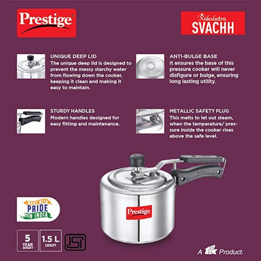 Prestige Svachh 10738 15 L Straight Wall Aluminium Inner Lid Pressure Cooker with Deep Lid for Spillage Control - Silver