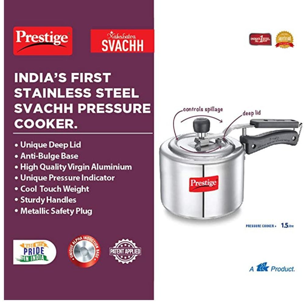 Prestige Svachh, 10738, 1.5 L, Straight Wall Aluminium Inner Lid Pressure Cooker, with Deep Lid for Spillage Control - Silver