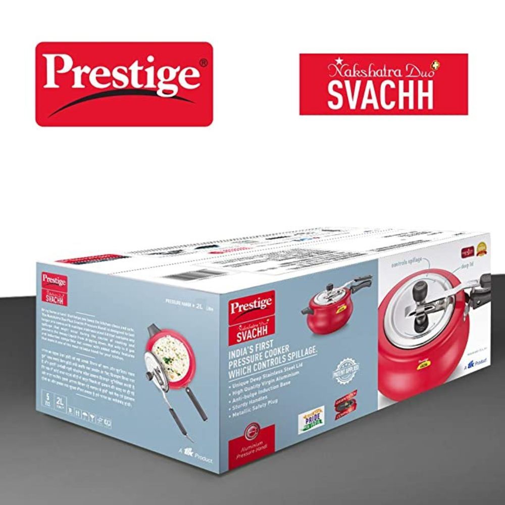 Prestige Svachh, 10751, 2 L, Nakshatra Duo Red Handi, with Deep lid for Spillage Control, Aluminium, Inner Lid