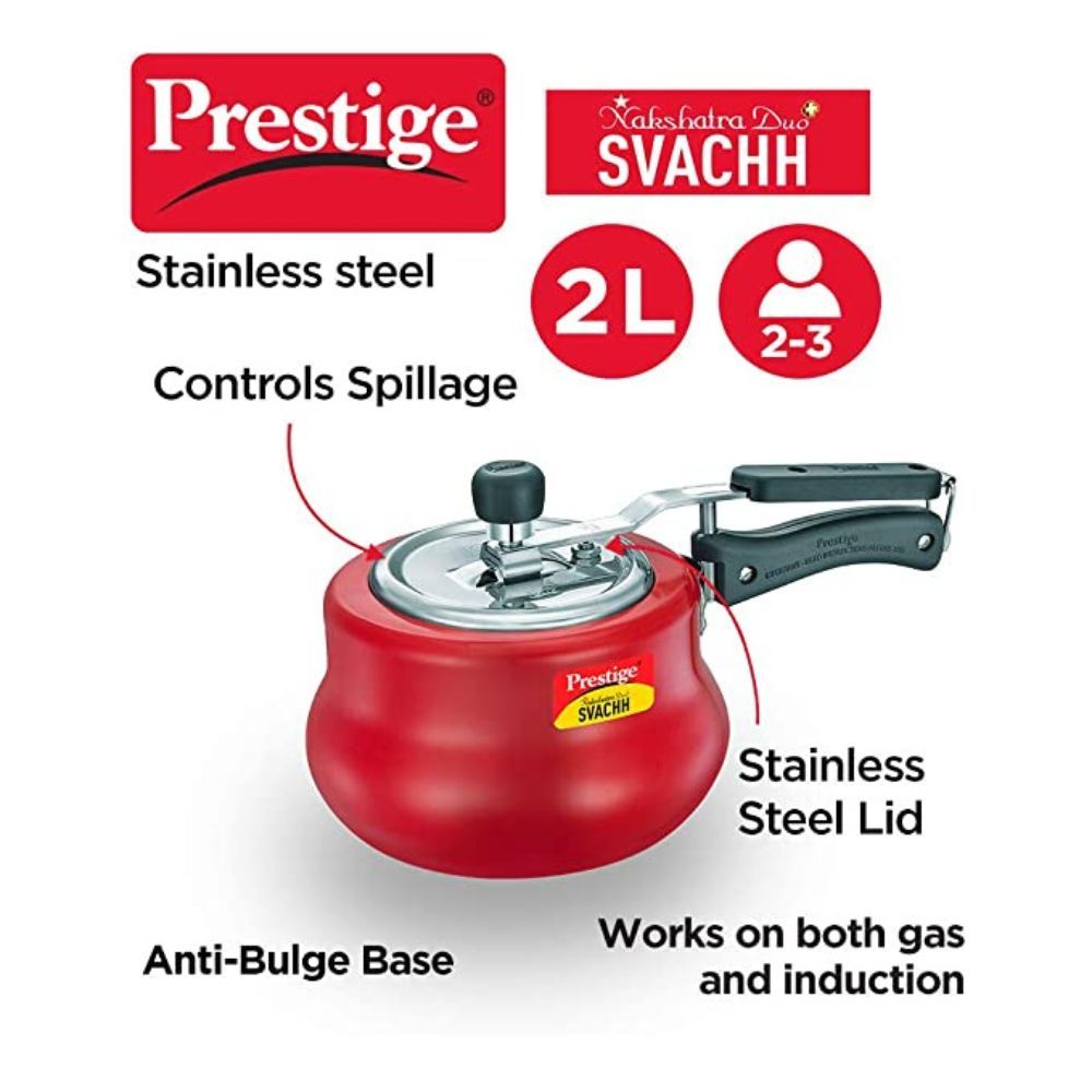 Prestige Svachh 10751 2 L Nakshatra Duo Red Handi with Deep lid for Spillage Control Aluminium Inner Lid
