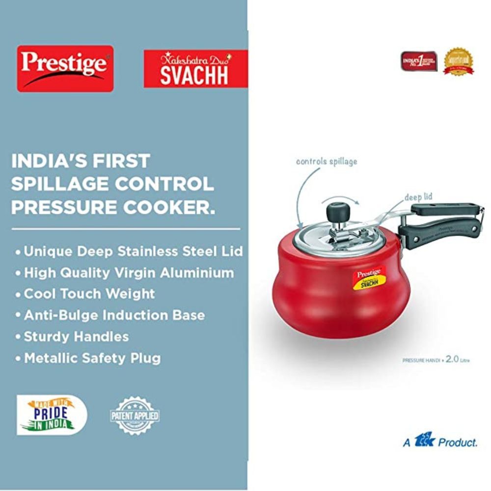 Prestige Svachh 10751 2 L Nakshatra Duo Red Handi with Deep lid for Spillage Control Aluminium Inner Lid