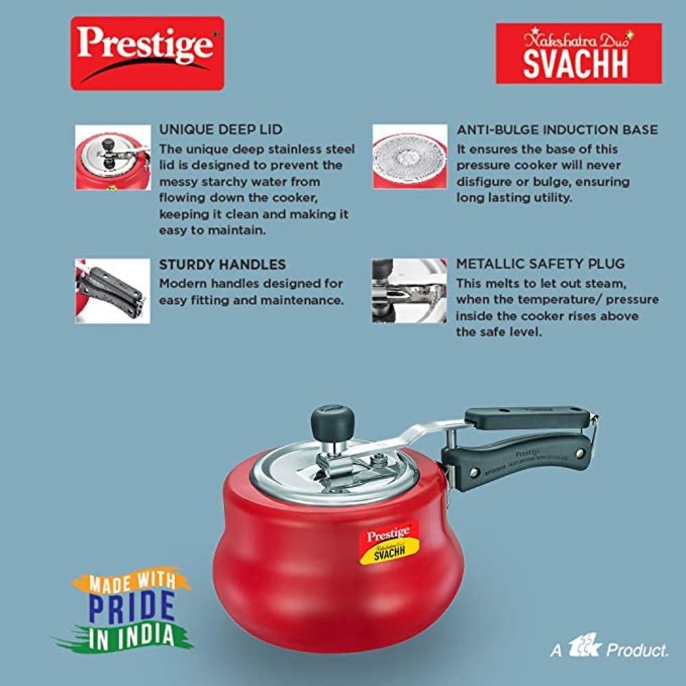 Prestige Svachh 10751 2 L Nakshatra Duo Red Handi with Deep lid for Spillage Control Aluminium Inner Lid