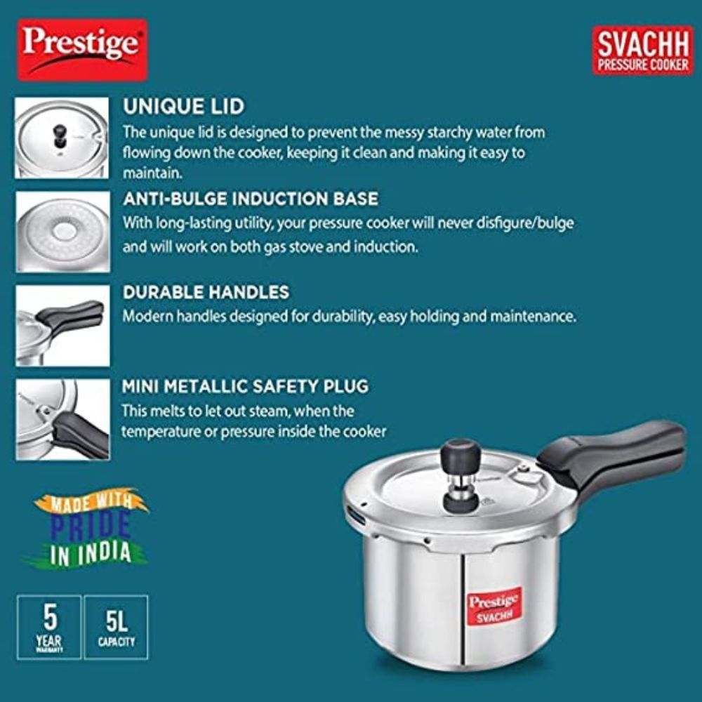 Prestige Svachh Aluminium 235 Litre Combo Outer Lid Cooker with Induction Base Silver