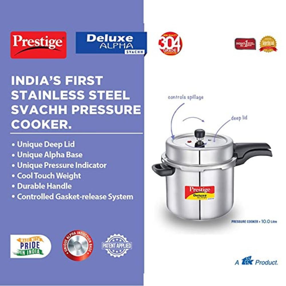 Prestige Svachh Deluxe Alpha 10 Litre Stainless Steel Outer Lid Pressure Cooker