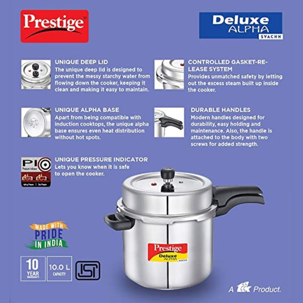Prestige Svachh Deluxe Alpha 10 Litre Stainless Steel Outer Lid Pressure Cooker