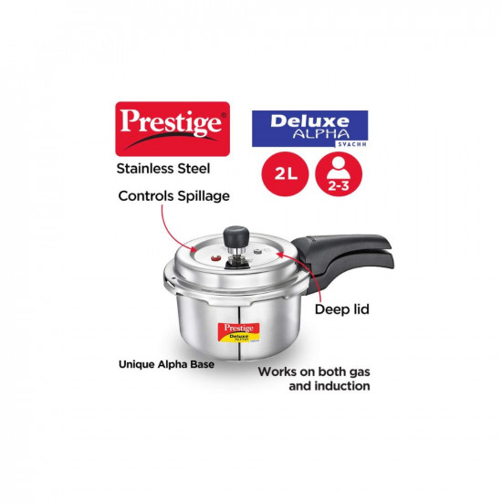 Prestige Svachh Deluxe Alpha 2.0 Litre Stainless Steel Outer Lid Pressure Cookers, Silver, 2 Liter