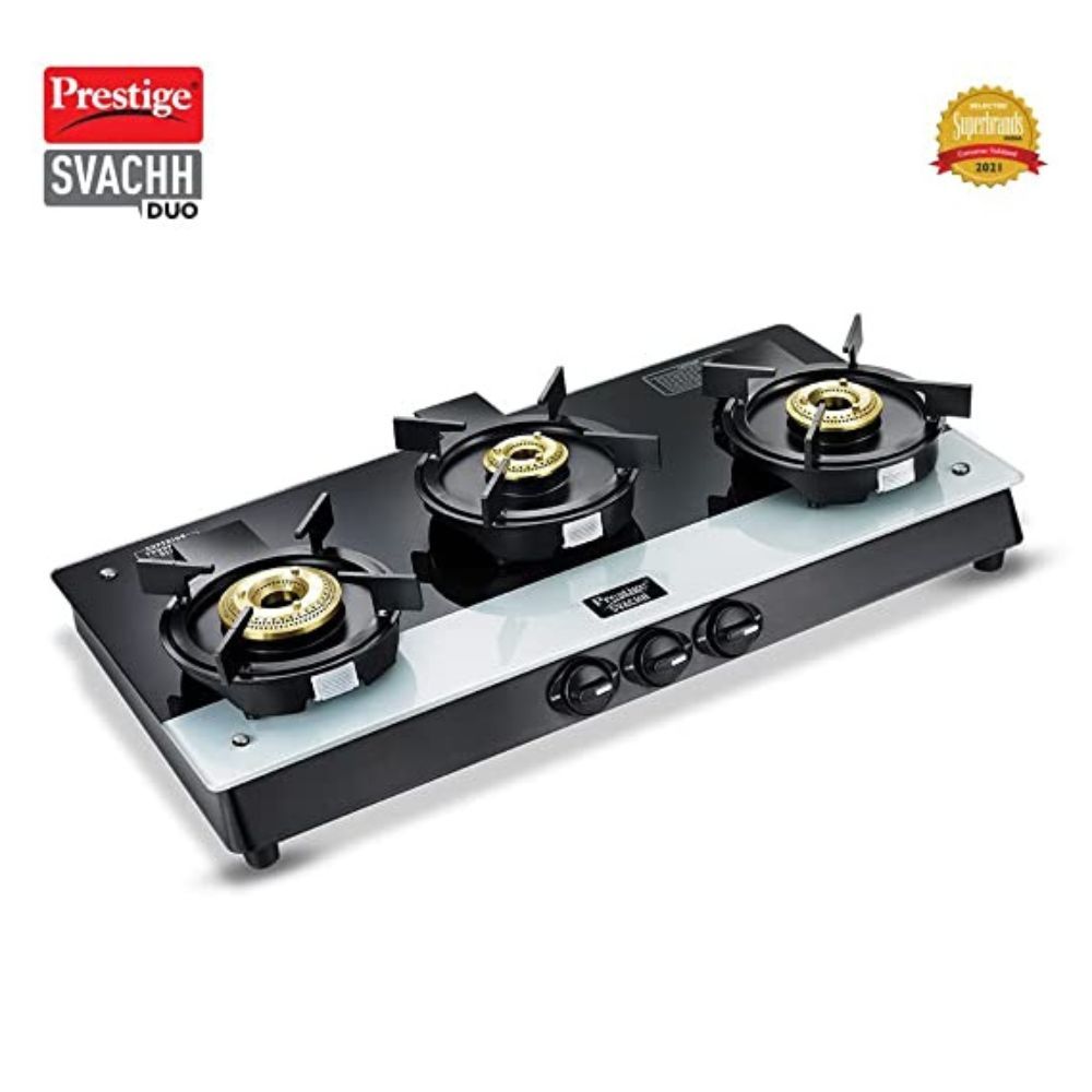 Prestige Svachh Duo GTSD 03 Toughened Glass with Liftable 3 Burners Gas Stove, Black
